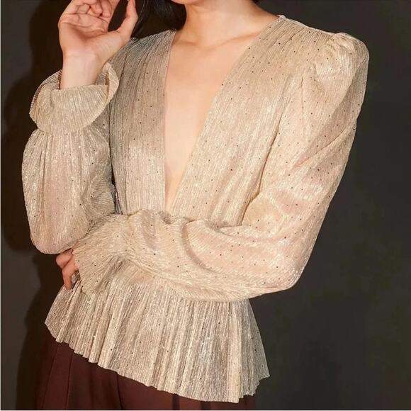 Sabina Musayev Liya Revolve Gold Sparkly Sheer V Neck Blouse Top Size Medium - Picture 2 of 11